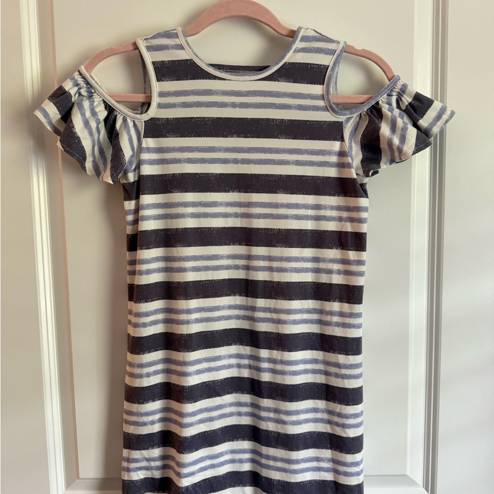 3 for $12! Blue and White Ruffled Cold Shoulder Dress